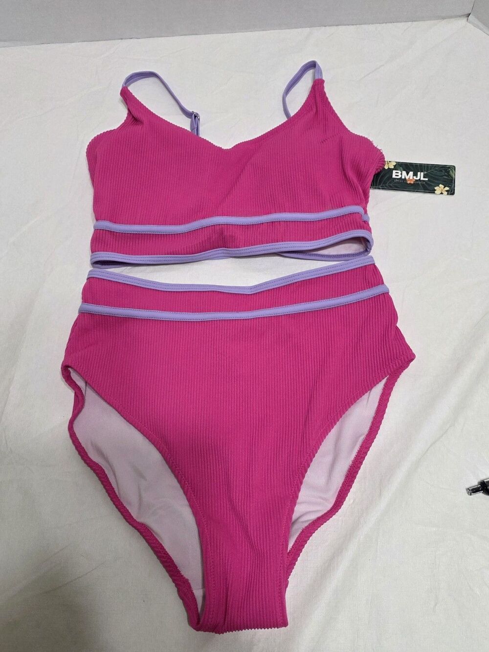 NWT BMJL Two Piece Swimsuit Pink w/ Purple Trim Bikini Size Small